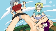 breasts drawing giantess panties mega upskirt blonde color skirt glasses purple_hair chibichan fantasize misery giantesses crouching grey_hair milf top amanda loretta bare_midriff incest