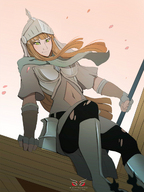 drawing giantess long_hair armor red_hair sitting helmet