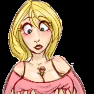 drawing gentle blonde cleavage shrunken_men shrunken_man pink_shirt looking_at_tiny justagiant between_breasts