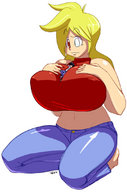 breasts drawing gentle blonde color jeans red_eyes huge_breasts shrunken_man heterochromia looking_at_tiny marikotohno sprite37 between_breasts