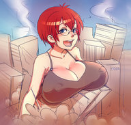 breasts drawing giantess city mega color destruction blue_eyes cleavage glasses huge_breasts breast_crush red_hair short_hair skyscraper freckles xanafar top looking_at_viewer maniacpaint