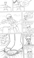 drawing giantess comic monochrome swimsuit glasses short_hair sandals heart dialogue jenny high_res joethevenezuelan joe