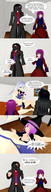 giantess white_hair comic black_hair long_hair swimsuit blue_eyes purple_hair yellow_eyes pink_hair sitting indoors digital_render between_breasts desu-of-hakurei