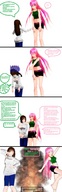 blushing size_difference comic long_hair barefoot green_eyes brunette pink_hair digital_render goddess-saki