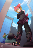 drawing giantess furry anthro city color tongue playful buildings low_angle boots foot_crush looking_down commission van multicolored_hair meister_li plusle humanized_pokemon hakunaro shorty