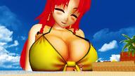 blushing long_hair cleavage huge_breasts red_hair looking_down outdoors digital_render