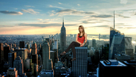 giantess collage city mega blonde clothed buildings smiling sitting skyscraper clouds looking_at_viewer new_york_city empire_state_building debby_ryan sitting_on_building evening_sky thehornedpine