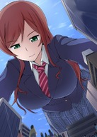 drawing city mega color ochiko_terada green_eyes brunette low_angle red_hair uniform pedestrians leaning_forward looking_at_tiny
