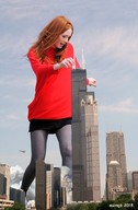 giantess collage city destruction buildings helicopter red_hair looking_down skyscraper smoke karen_gillan microjb