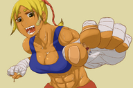 drawing vore blonde color bandages cleavage green_eyes sweat muscles abs fangs workout shrunken_people dangle between_fingers looking_at_tiny nekomata
