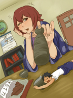 drawing color red_eyes red_hair short_hair shrunken_men table shrunken_man room indoors winter door winking sake bookshelf december