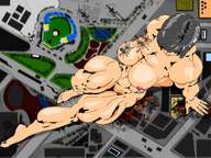 breasts drawing nipples giantess nude city destruction toes barefoot cleavage helicopter tank unknown_artist sitting navel muscles fire belly explosion rubble looking_down smoke thighs grey_hair missiles ankles source_needed leaning_back looking_at_tiny