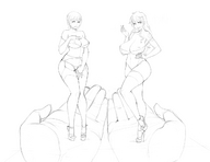 breasts drawing panties monochrome handheld bra high_heels stockings underwear embarrassed shrunken_women garter