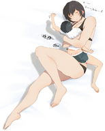 drawing black_hair color barefoot underwear lying_down short_hair mini_giantess hugging squeezing bikuta no_background