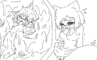 drawing vore blushing monochrome saliva camel sketch cat_girl inside_stomach rubbing_belly