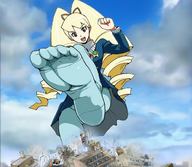 drawing feet city blonde color long_hair destruction skirt soles low_angle unknown_artist uniform nylons looking_at_viewer source_needed imminent_crush blue_nylons nyloned_feet
