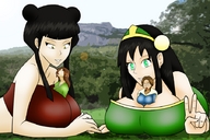 drawing black_hair color long_hair cleavage green_eyes yellow_eyes giantesses toph katara avatar_the_last_airbender mae between_breasts