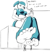 drawing giantess monochrome color robot barefoot looking_down dialogue no_background my_life_as_a_teenage_robot xj-9 jenny_wakeman robot_girl fooooly