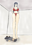drawing black_hair color large_breasts swimsuit barefoot blood low_angle mini_giantess foot_crush cruel indoors looking_at_tiny yamumil