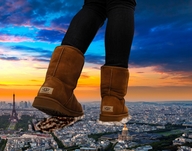 collage city mega destruction buildings boots unknown_artist walking foot_print sky paris sunset eiffel_tower evening_sky giantess_boot uggs