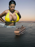 breasts giantess collage black_hair swimsuit cleavage water wet huge_breasts brunette cruise_ship lake boats earrings