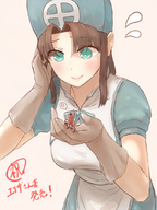 drawing gentle giantess color handheld blue_hair brunette eliza gloves hat apron uru on_palm