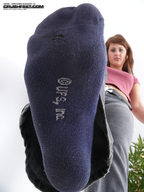long_hair soles jeans socks red_hair mercedes point_of_view looking_at_viewer blue_socks imminent_crush