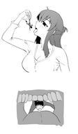 manga monochrome tongue teeth scared shrunken_men shrunken_man dangle pre_vore between_fingers mouth_view