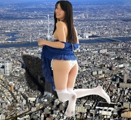 giantess panties city butt destruction buildings smiling socks asian unknown_artist shadow aerial_view looking_at_viewer knee_socks