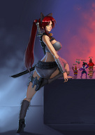 drawing giantess sword anime cat_ears yellow_eyes red_hair cat_girl thighs looking_at_viewer league_of_legends katarina scar