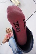 giantess feet blonde long_hair soles jeans low_angle socks foot_crush photograph low_view point_of_view