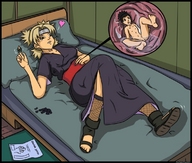 drawing vore blonde color bed lying_down shrunken_men sandals thor66 heart shrunken_man ninja stripped temari bedroom headband stomach_view oriental_dress xentain patting_stomach shikamaru_nara naruto_(series)