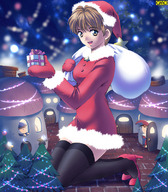 drawing gentle giantess color anime brunette omc brown_eyes christmas nylons outdoors santa_claus santa_costume looking_at_viewer presents