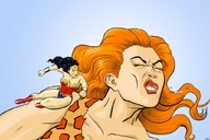 breasts drawing giantess mega black_hair color brunette giganta red_hair boots fighting wonder_woman leotard tiara hitting leopard_print dc_comics