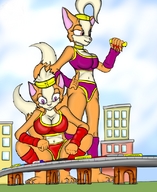 drawing white_hair furry tail city color destruction handheld toes barefoot cleavage traffic blood underwear purple_eyes smiling unknown_artist squatting navel belly looking_down giantesses hand_crush thighs choker source_needed looking_at_tiny snafukurikai