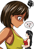 drawing giantess black_hair color long_hair brunette smiling short_hair shrunken_woman looking_down breast_play dark_skin size_comparison grabbing grey_eyes top annoyed etz rubbing_breasts