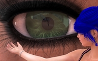 giantess micro handheld green_eyes blue_hair multiple_sizes eye shrunken_man looking_at_tiny digital_render jamesmason0 amanardra ai_tanaka