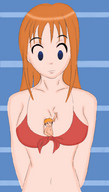 drawing bleach color cleavage bra shrunken_man orange_hair ichigo_kurosaki orihime_inoue thetruesurvivor between_breasts