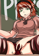 drawing panties masturbation upskirt color anime green_eyes blood red_hair shrunken_men sitting between_legs teacher thighs miniskirt etz