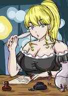 drawing blonde color blue_eyes cleavage anime ponytail shrunken_people open_mouth desk manicure earrings etz looking_at_tiny quill