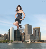 collage city mega high_heels brunette skyscraper sky looking_at_viewer waterfront