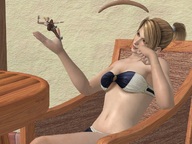 blonde swimsuit handheld high_heels shrunken_woman high falling relaxing furniture digital_render tossing patio playmate_costume bare_stomach