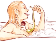 drawing nude blonde color long_hair tongue handheld bath shrunken_woman open_mouth lifting snake_girl imminent_vore
