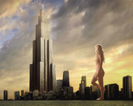 giantess collage nude city blonde barefoot walking skyscraper clouds sky waterfront thehornedpine the_giantess_mother_of_dragons