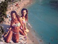 collage swimsuit beach water smiling sand giantesses looking_up downward_angle lowerrider federica_nargi waikiki