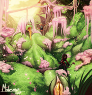 breasts drawing giantess nude pussy horns tail tongue anime angry yellow_eyes pink_hair battle belly demoness open_mouth sharp_teeth looking_at_tiny modeseven