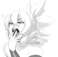 drawing monochrome heart shrunken_man inside_mouth imminent_vore modeseven holding_mouth_open big_bow