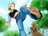 drawing blonde color clothed barefoot cleavage soles low_angle android_18 looking_down grass outdoors sky point_of_view trees raised_foot shrunken_character dragonballz imminent_crush looking_at_tiny mousticus krillin
