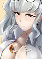 breasts drawing white_hair color long_hair cleavage glasses green_eyes shrunken_woman on_breasts mejiro メジロ