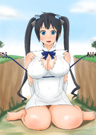 drawing giantess black_hair color large_breasts long_hair blue_eyes barefoot cleavage ribbon kneeling pigtails restrained hestia dungeon_ni_deai_wo_motomeru_no_wa_machigatteiru_darou_ka is_it_wrong_to_try_to_pick_up_girls_in_a_dungeon オレンジ orenji